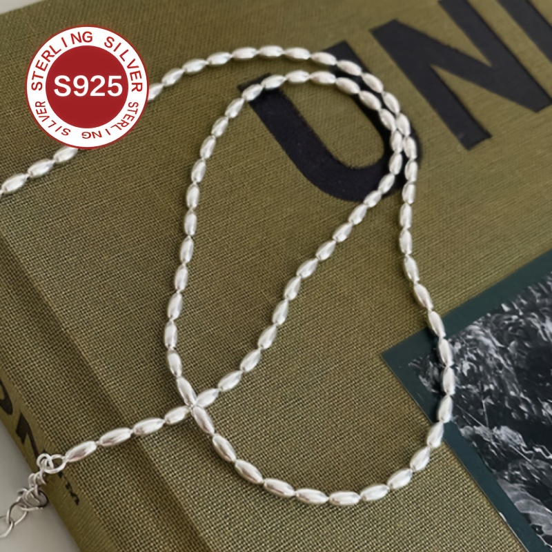 Women's 925 Hypoallergenic Rice Grain Olive Pearl Necklace — Minimalist Layered Style